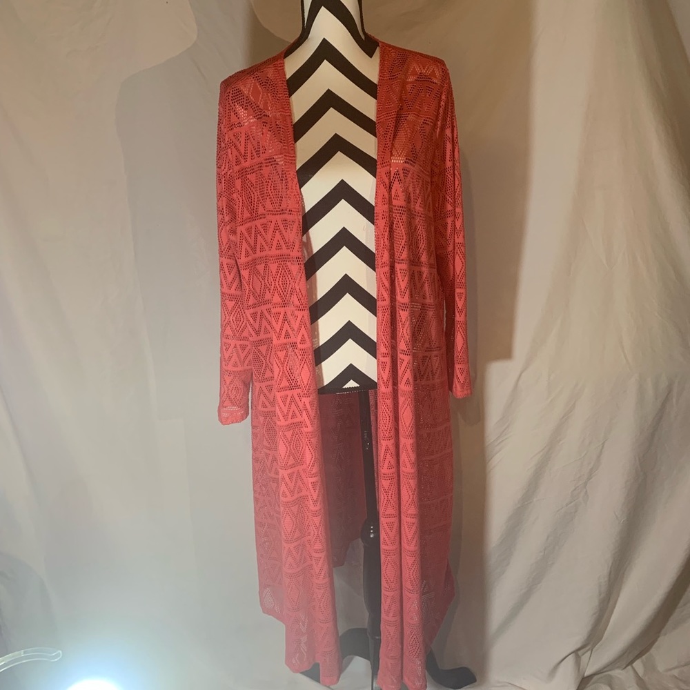 LuLaRoe Duster, Long sweater. Coral Large, cutouts